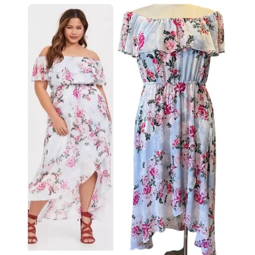 Torrid Plus Size 2 Baby Blue/Pink Roses‎ Chiffon Hi Lo Off Shoulder Maxi Dress